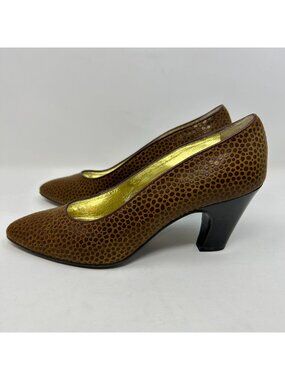 Escada Made in Italy Women’s 6.5B Brown Polka Dot Leather Pumps Vintage Mid Heel